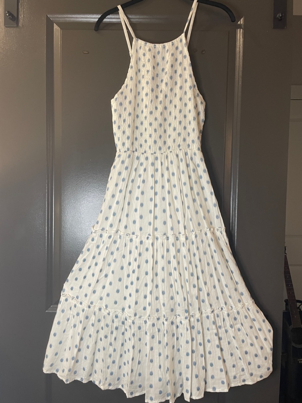 Cotton Blue Polka Dot Tiered Sundress rusched bodice adjustable straps small